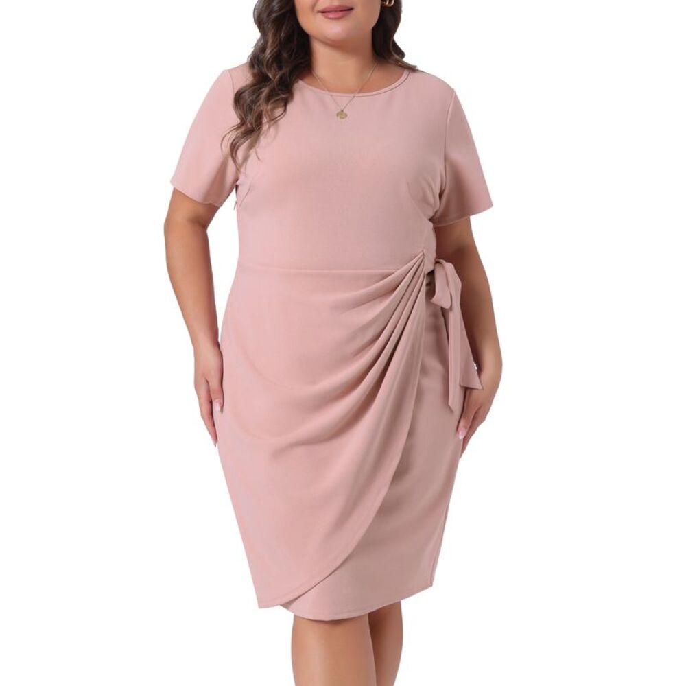 Plus Size Office 50s 60s Vintage Belted Tie Bodycon Wear to Work Dress Pink